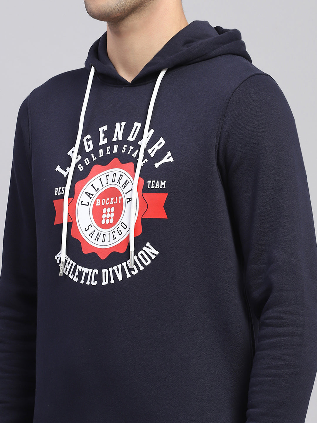 Rock.it Men Navy Blue Printed Hooded Full Sleeve Sweatshirt