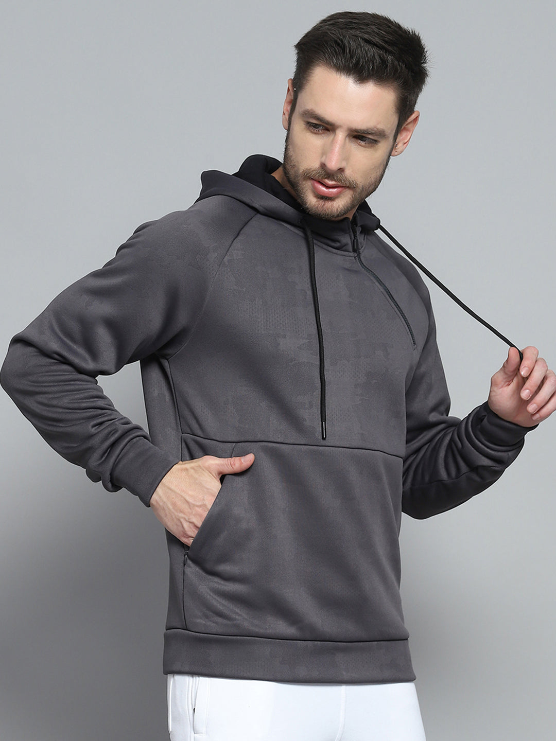 Rock.it Men Grey Solid Hooded Full Sleeve Sweatshirt