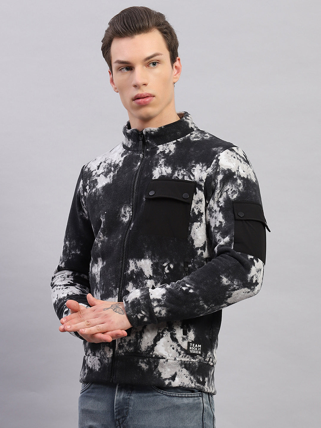 Rock.it Men Black Printed Mock Neck Full Sleeve Sweatshirt