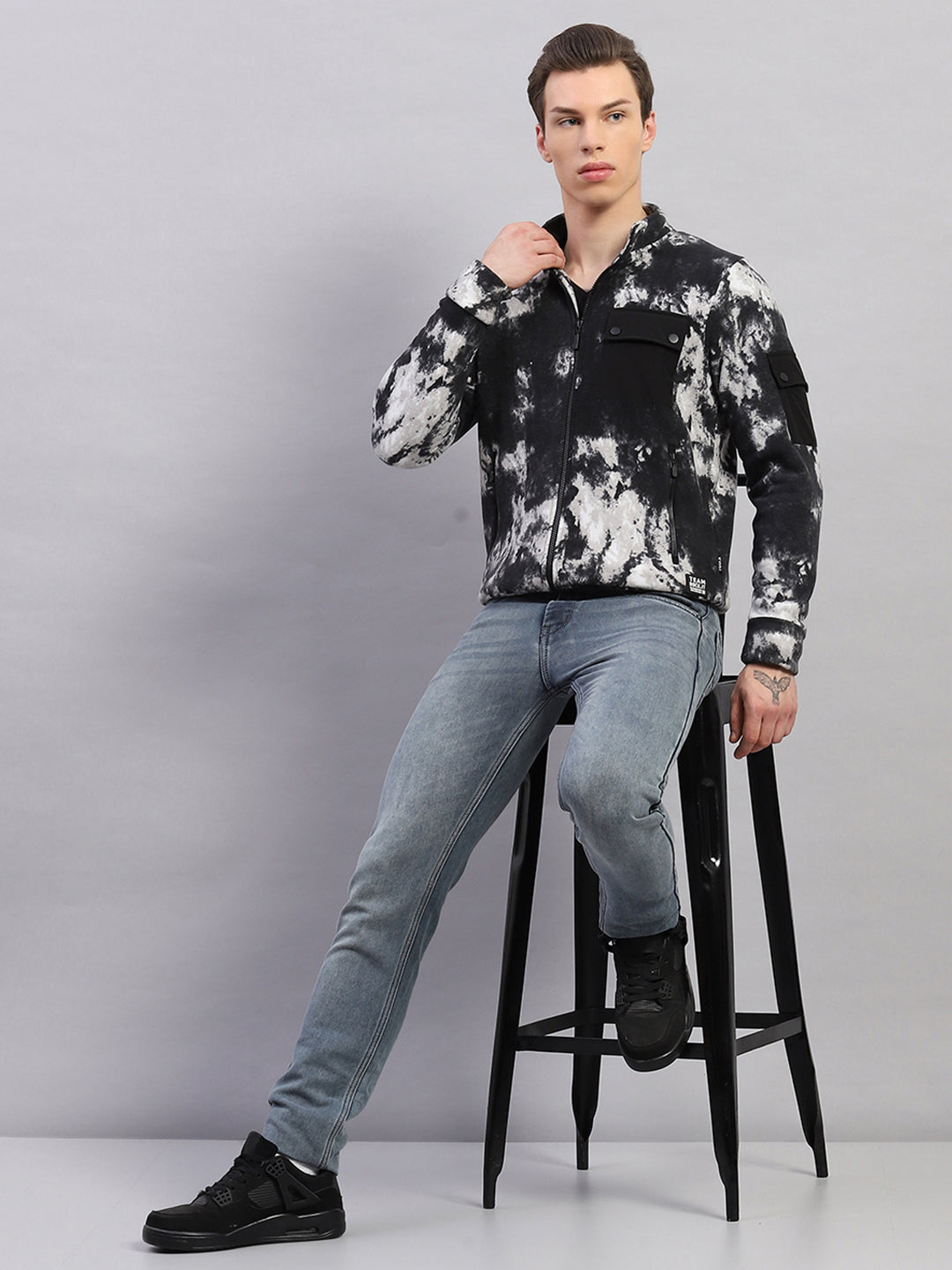 Rock.it Men Black Printed Mock Neck Full Sleeve Sweatshirt