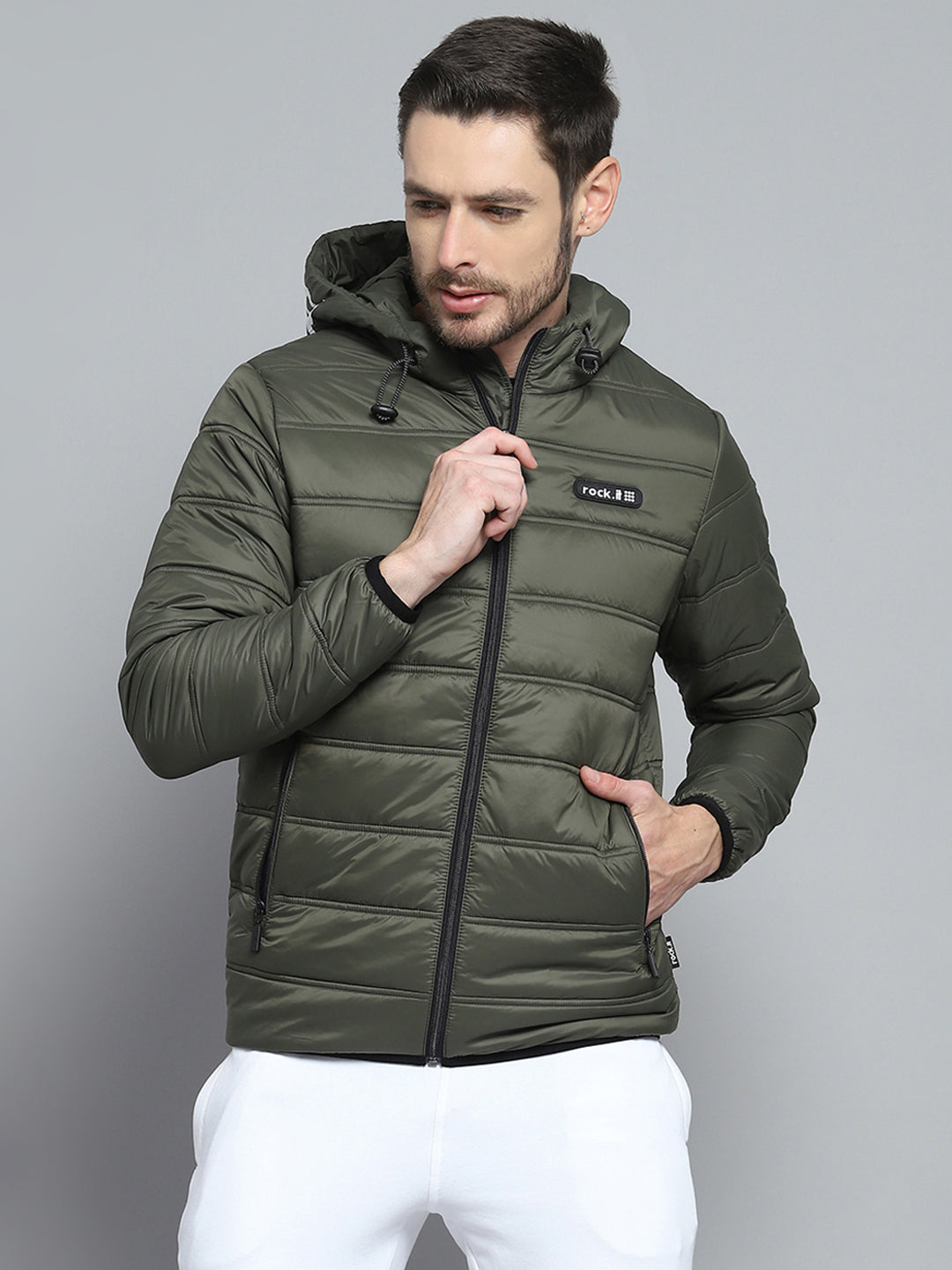 Rock.it Men Olive Printed Hooded Full Sleeve Jacket