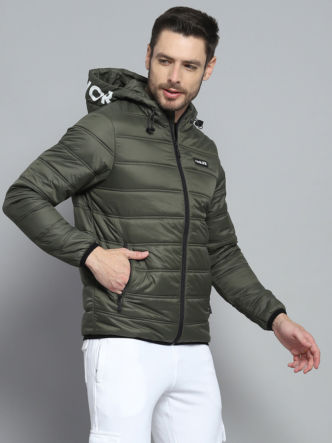 Rock.it Men Olive Printed Hooded Full Sleeve Jacket