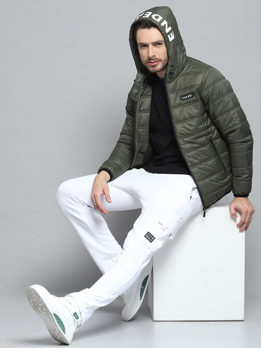 Rock.it Men Olive Printed Hooded Full Sleeve Jacket