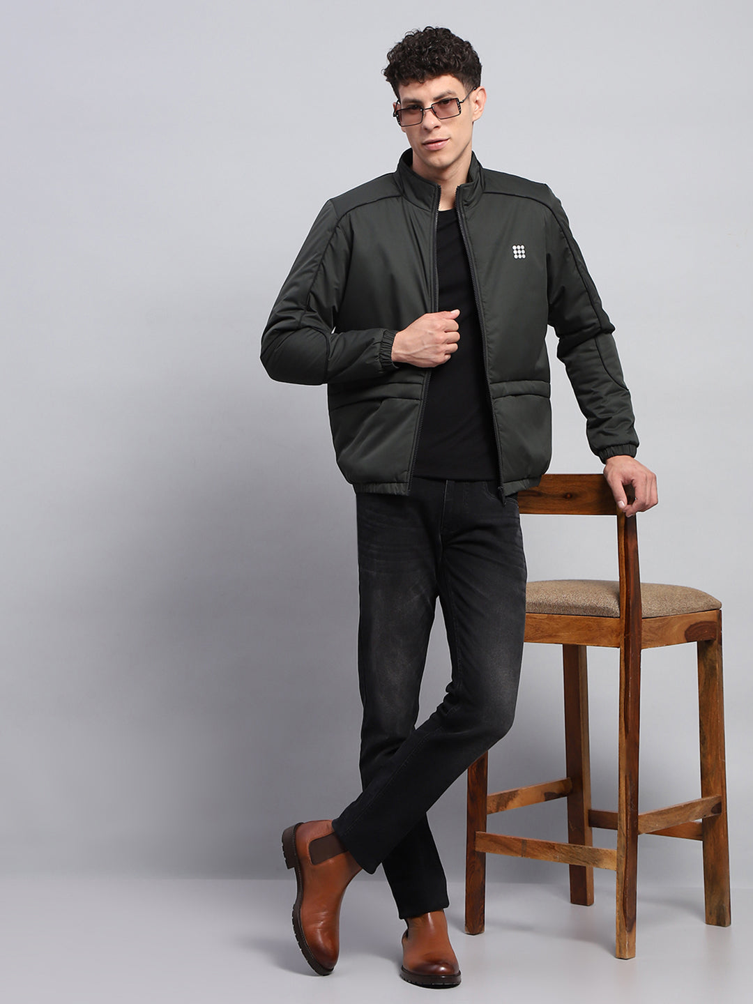 Rock.it Men Olive Solid Mock Neck Full Sleeve Jacket