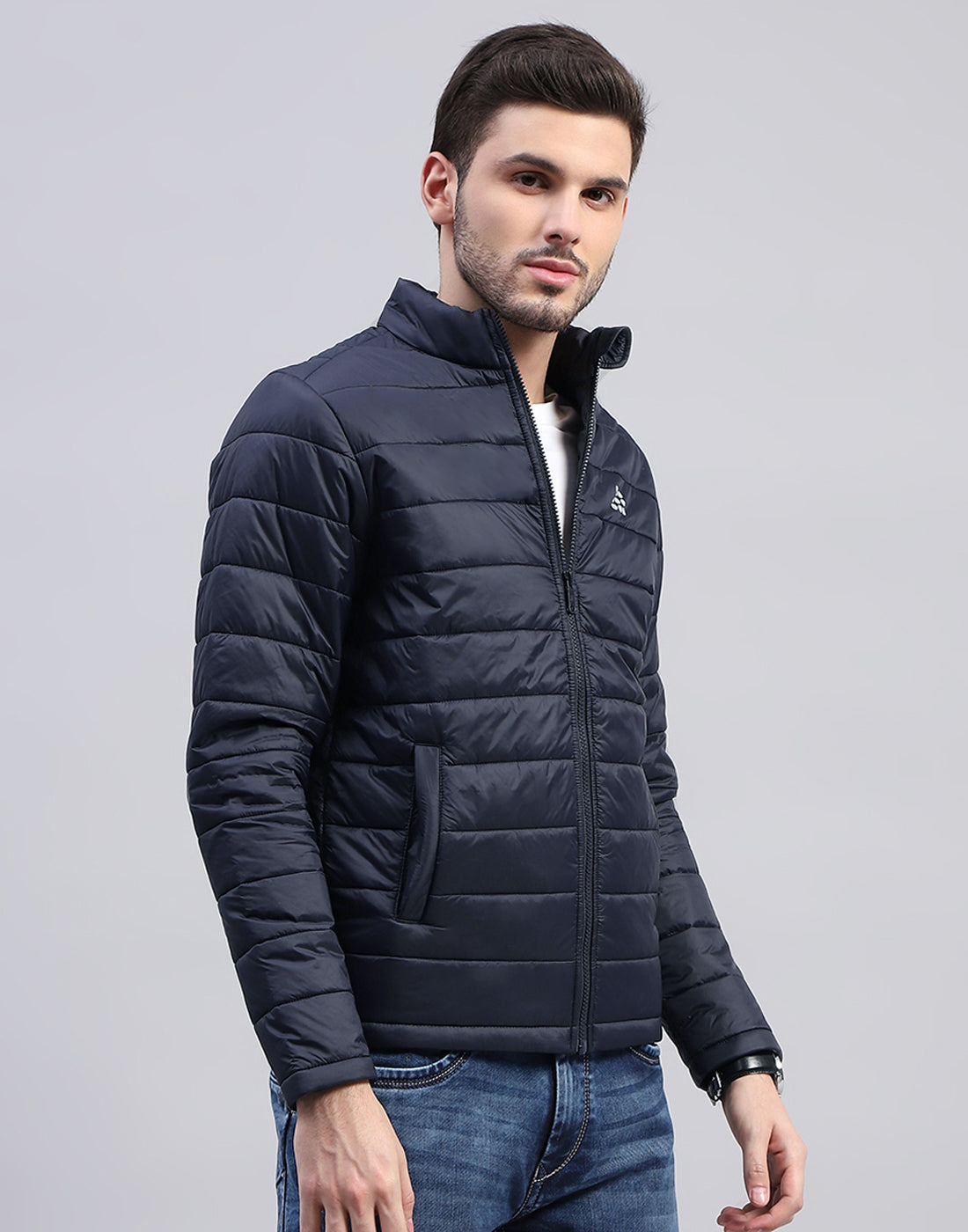 Rock.it Men Navy Blue Solid Band Collar Full Sleeve Jacket