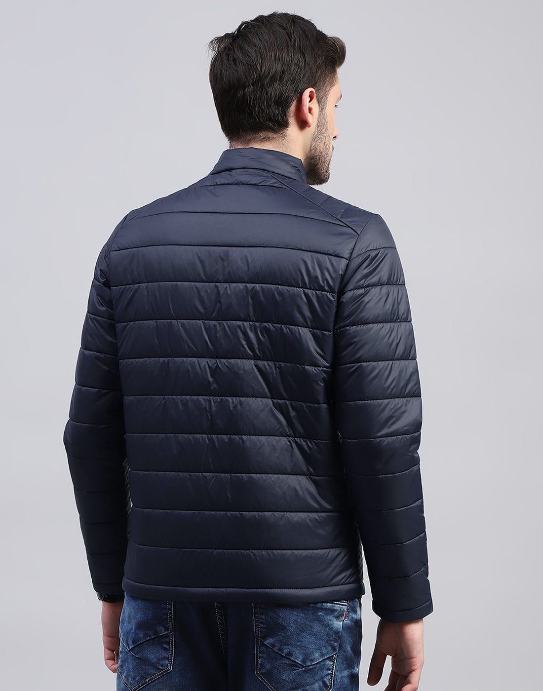 Rock.it Men Navy Blue Solid Band Collar Full Sleeve Jacket