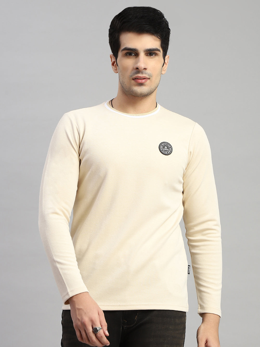 Rock.it Men Cream Solid Round Neck Full Sleeve T-Shirt