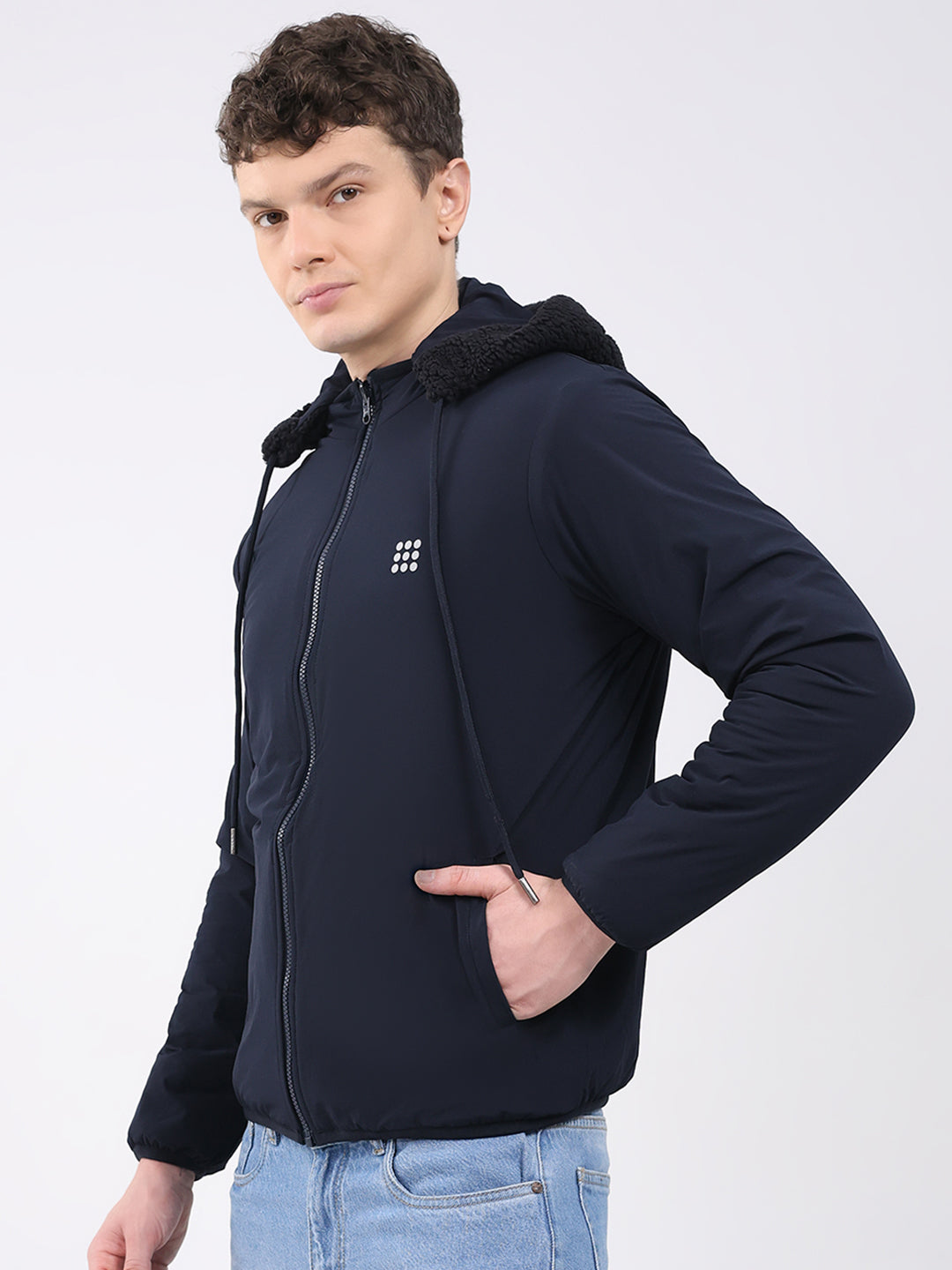 Rock.it Men Navy Blue Solid Hooded Full Sleeve Reversible Jacket