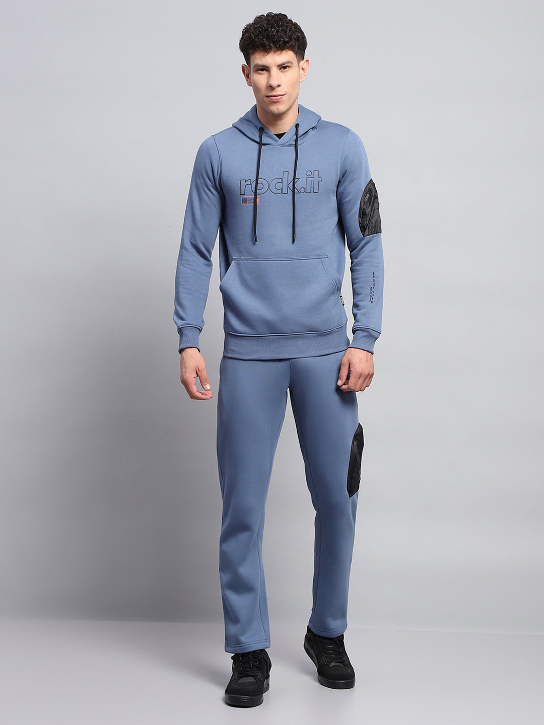 Rock.it Men Blue Printed Hooded Full Sleeve Winter Tracksuit