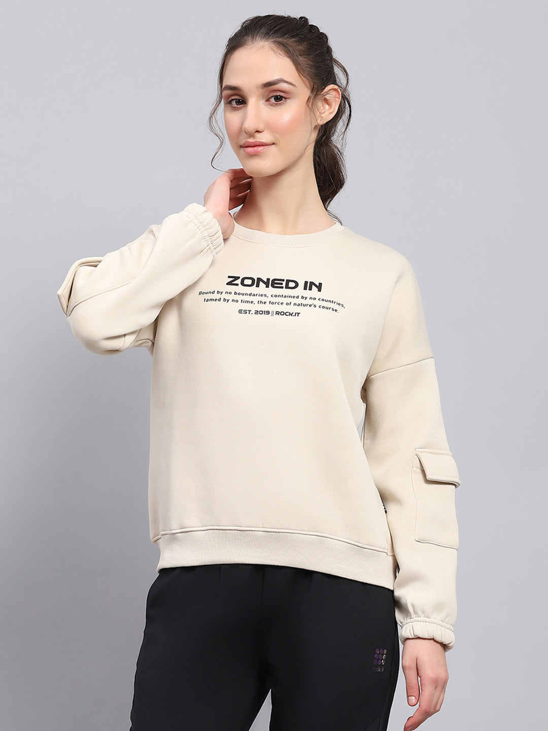 Rock.it Women Beige Printed Round Neck Full Sleeve Sweatshirt