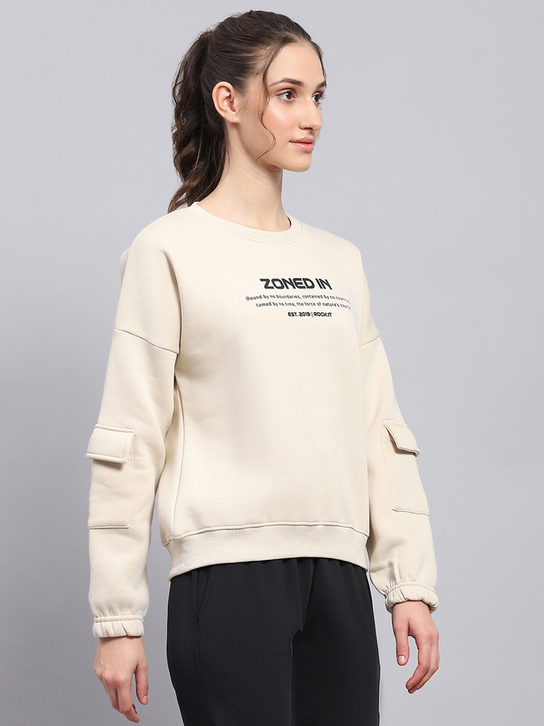 Rock.it Women Beige Printed Round Neck Full Sleeve Sweatshirt