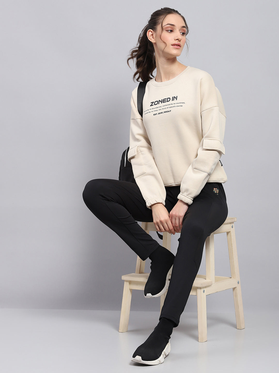 Rock.it Women Beige Printed Round Neck Full Sleeve Sweatshirt