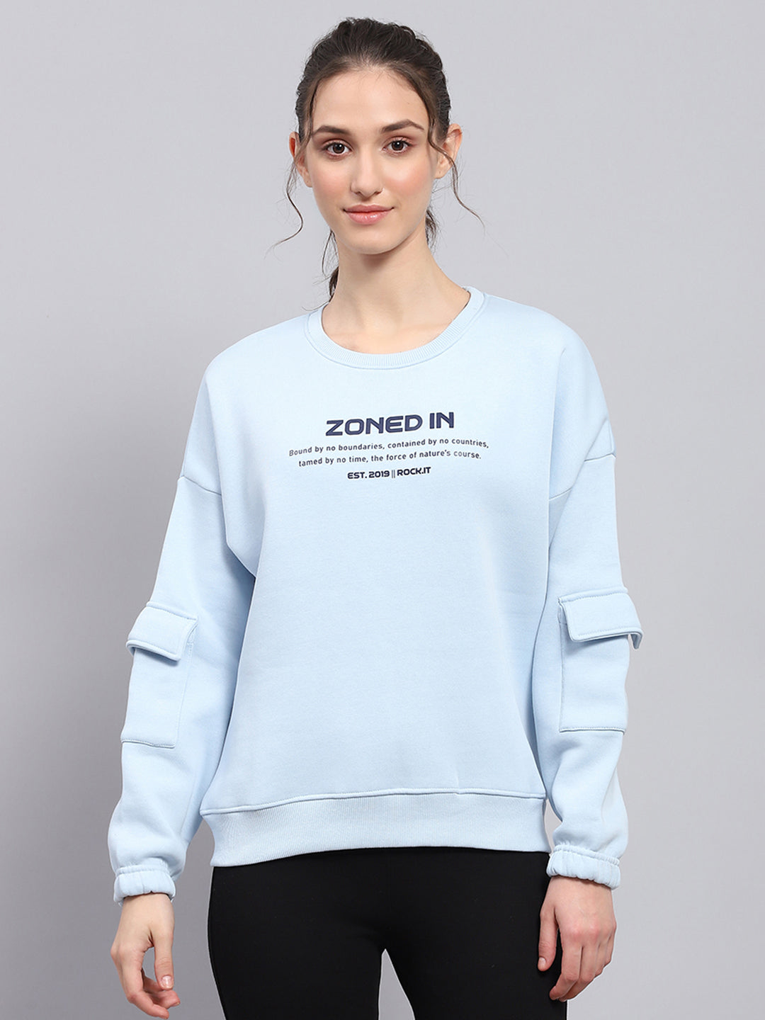Rock.it Women Sky Blue Printed Round Neck Full Sleeve Sweatshirt