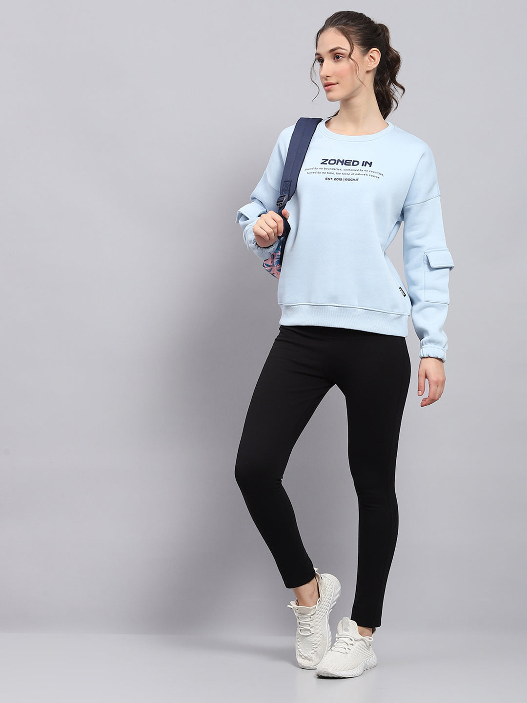 Rock.it Women Sky Blue Printed Round Neck Full Sleeve Sweatshirt