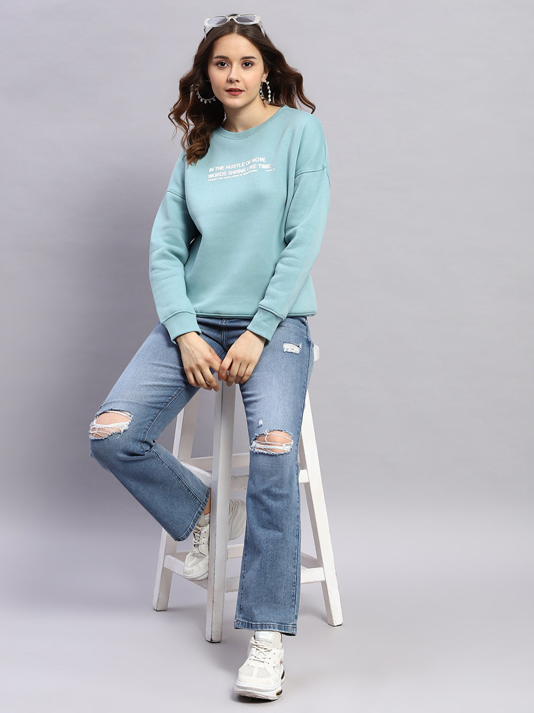 Rock.it Women Blue Printed Round Neck Full Sleeve Sweatshirt
