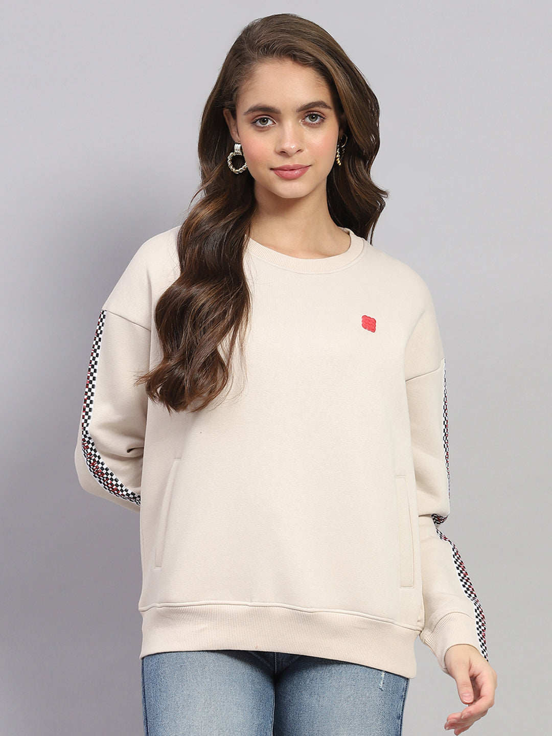 Rock.it Women Beige Printed Round Neck Full Sleeve Sweatshirt