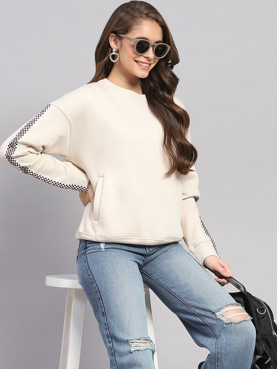 Rock.it Women Beige Printed Round Neck Full Sleeve Sweatshirt