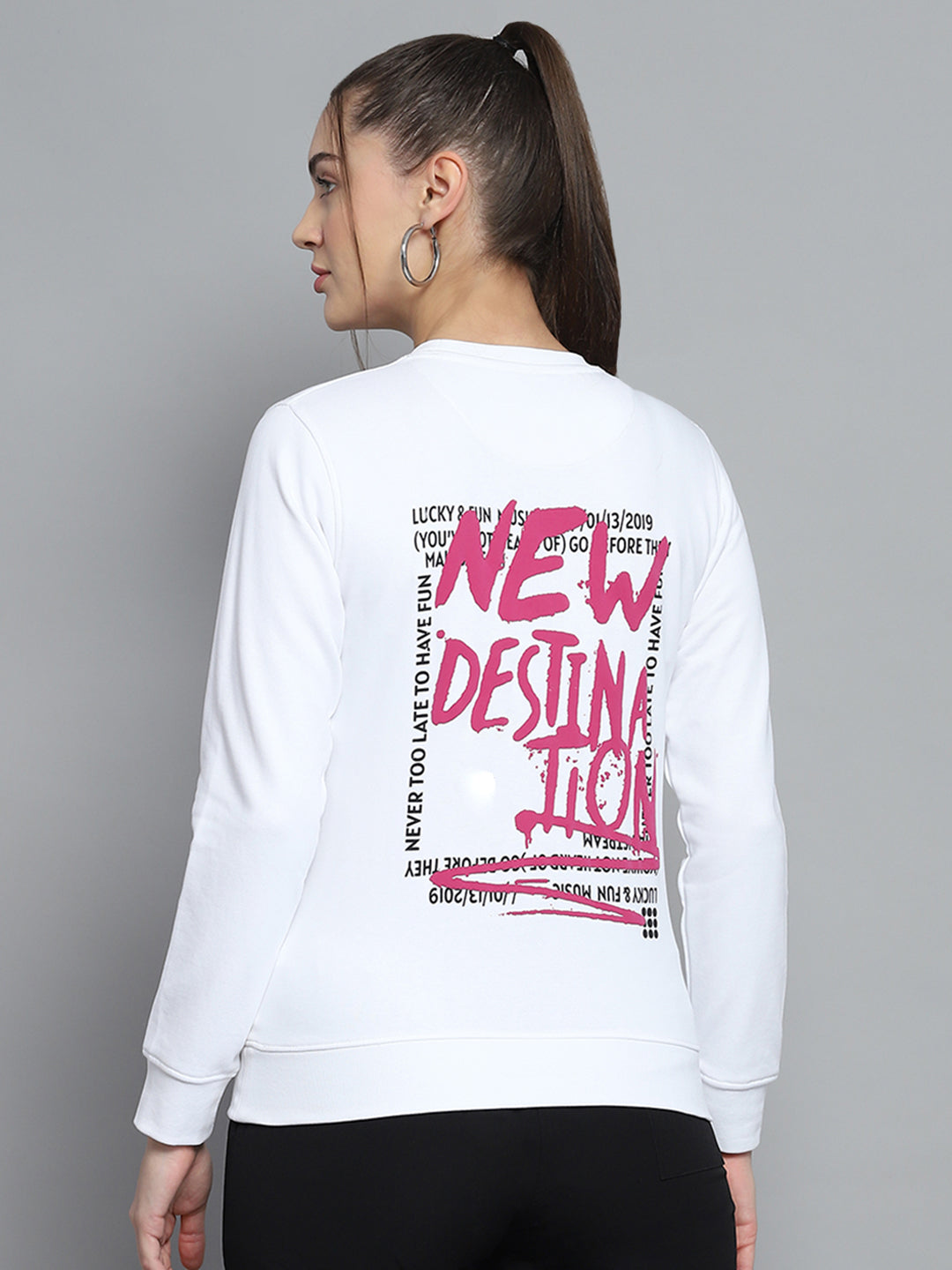 Rock.it Women White Printed Round Neck Full Sleeve Sweatshirt