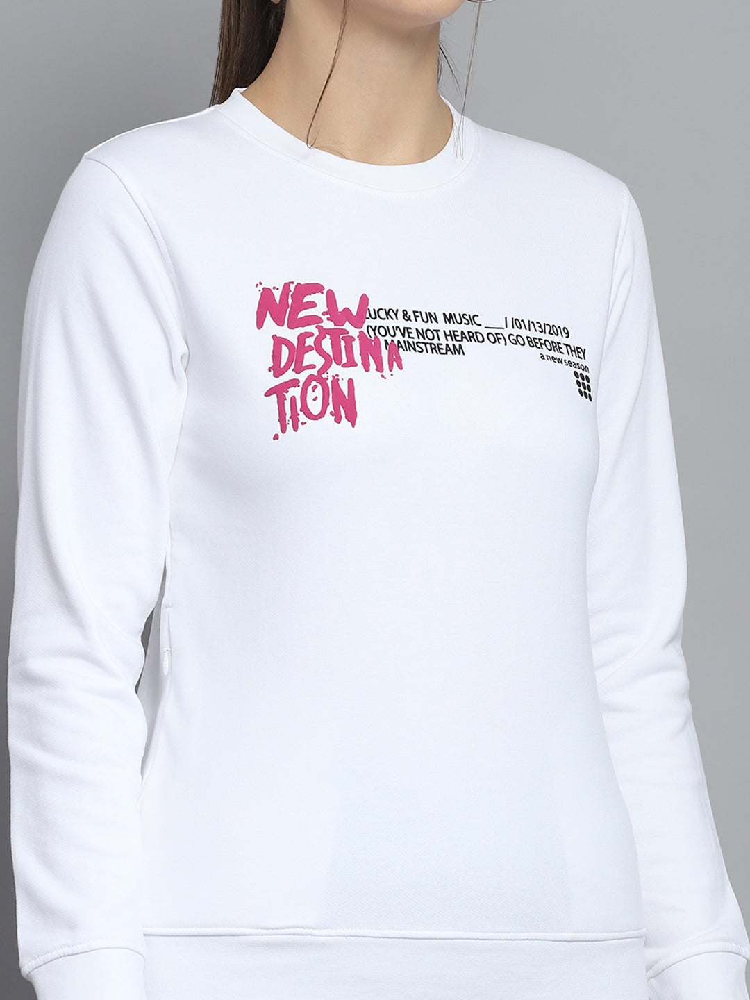 Rock.it Women White Printed Round Neck Full Sleeve Sweatshirt