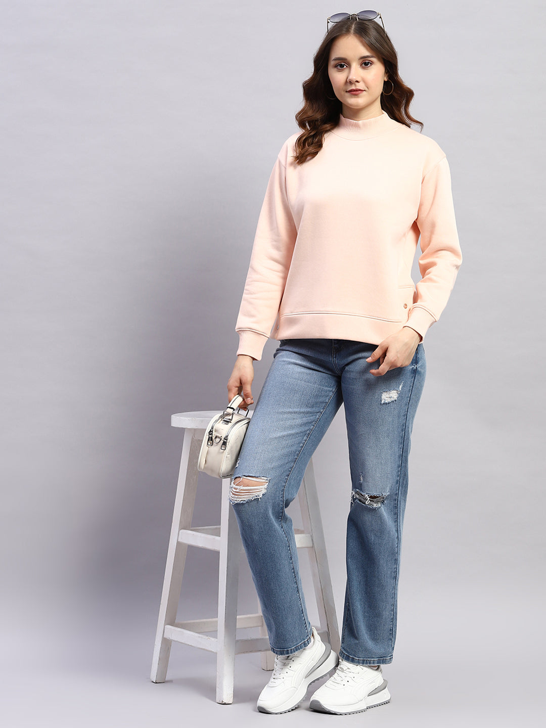 Rock.it Women Peach Solid High Neck Full Sleeve Sweatshirt