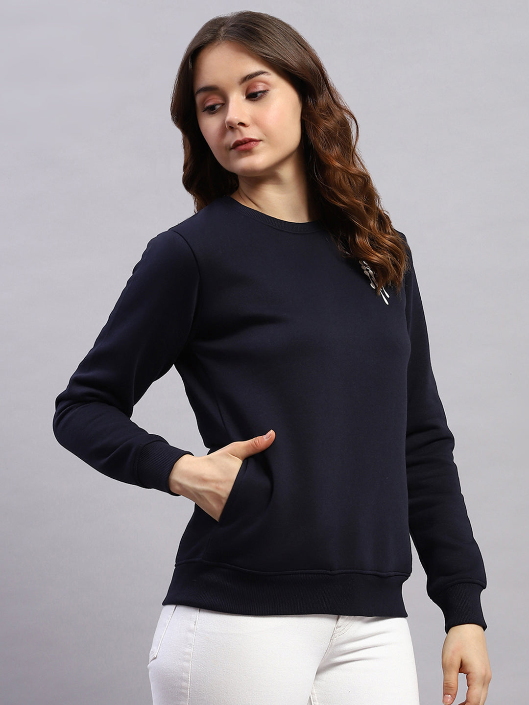 Rock.it Women Navy Blue Printed Round Neck Full Sleeve Sweatshirt