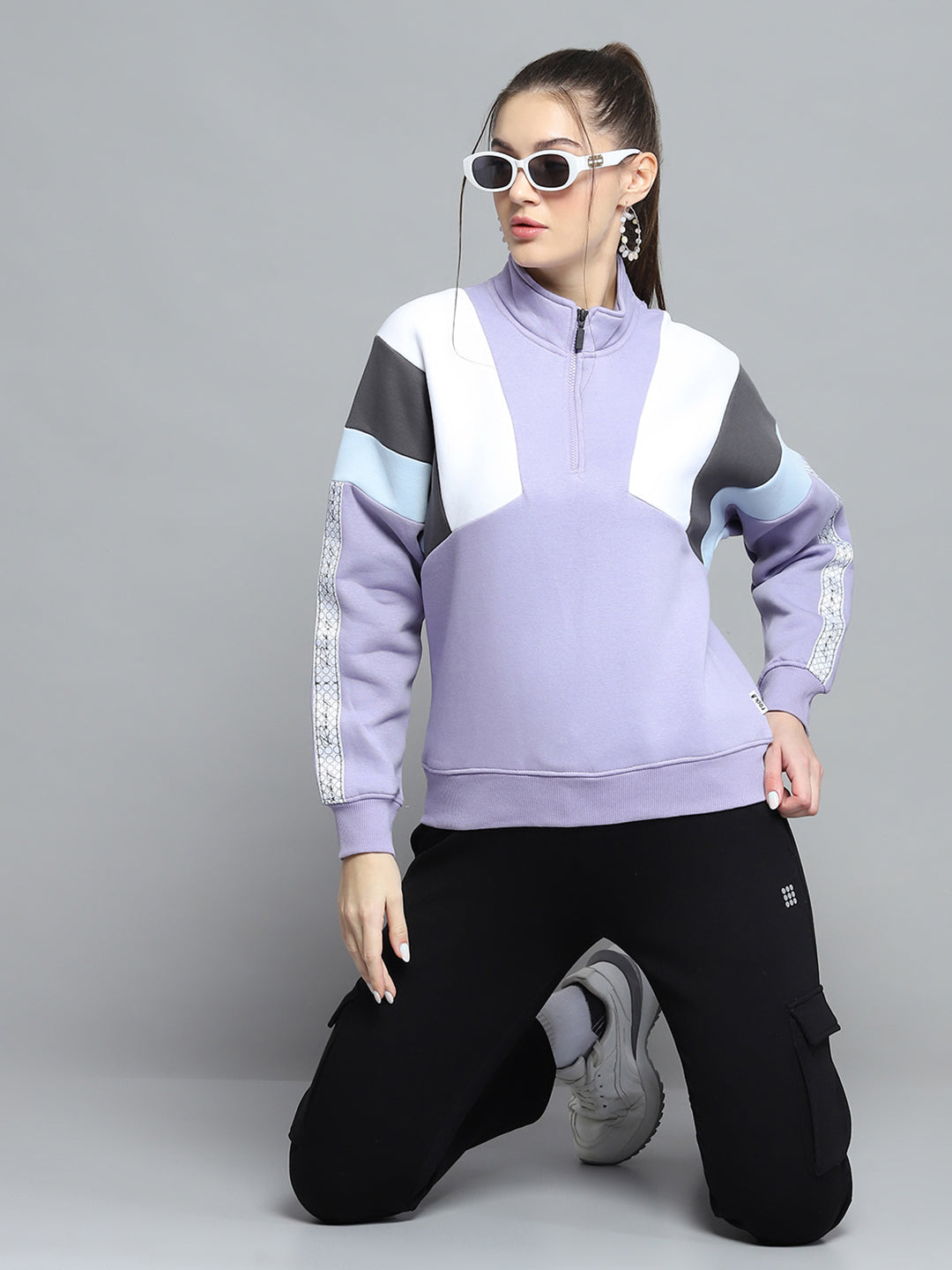 Rock.it Women Purple Solid Mock Neck Full Sleeve Sweatshirt