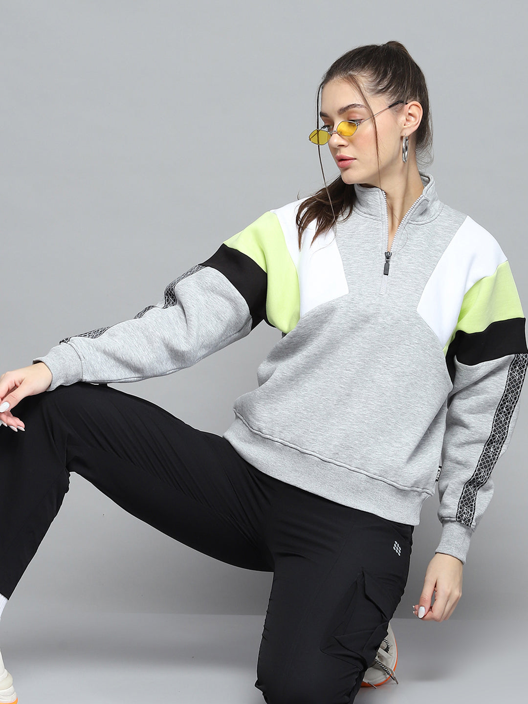 Rock.it Women Grey Solid Mock Neck Full Sleeve Sweatshirt