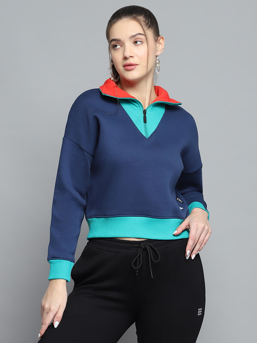 Rock.it Women Blue Solid Collar Full Sleeve Sweatshirt
