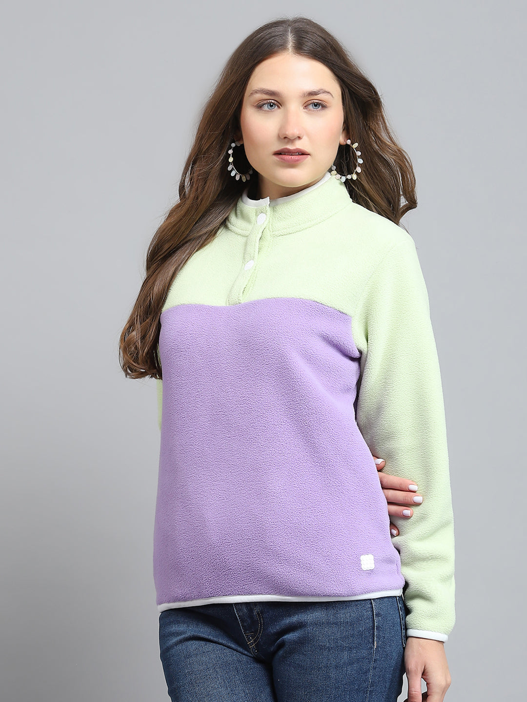 Rock.it Women Purple & Green Self Design Mock Neck Full Sleeve Sweatshirt