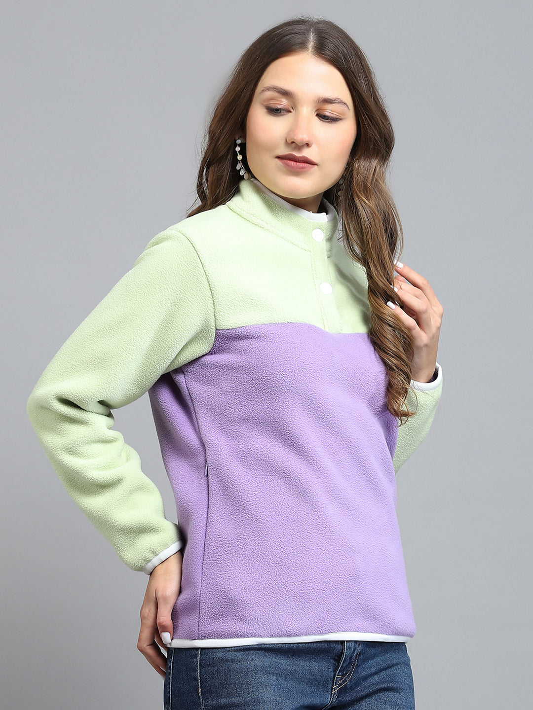 Rock.it Women Purple & Green Self Design Mock Neck Full Sleeve Sweatshirt
