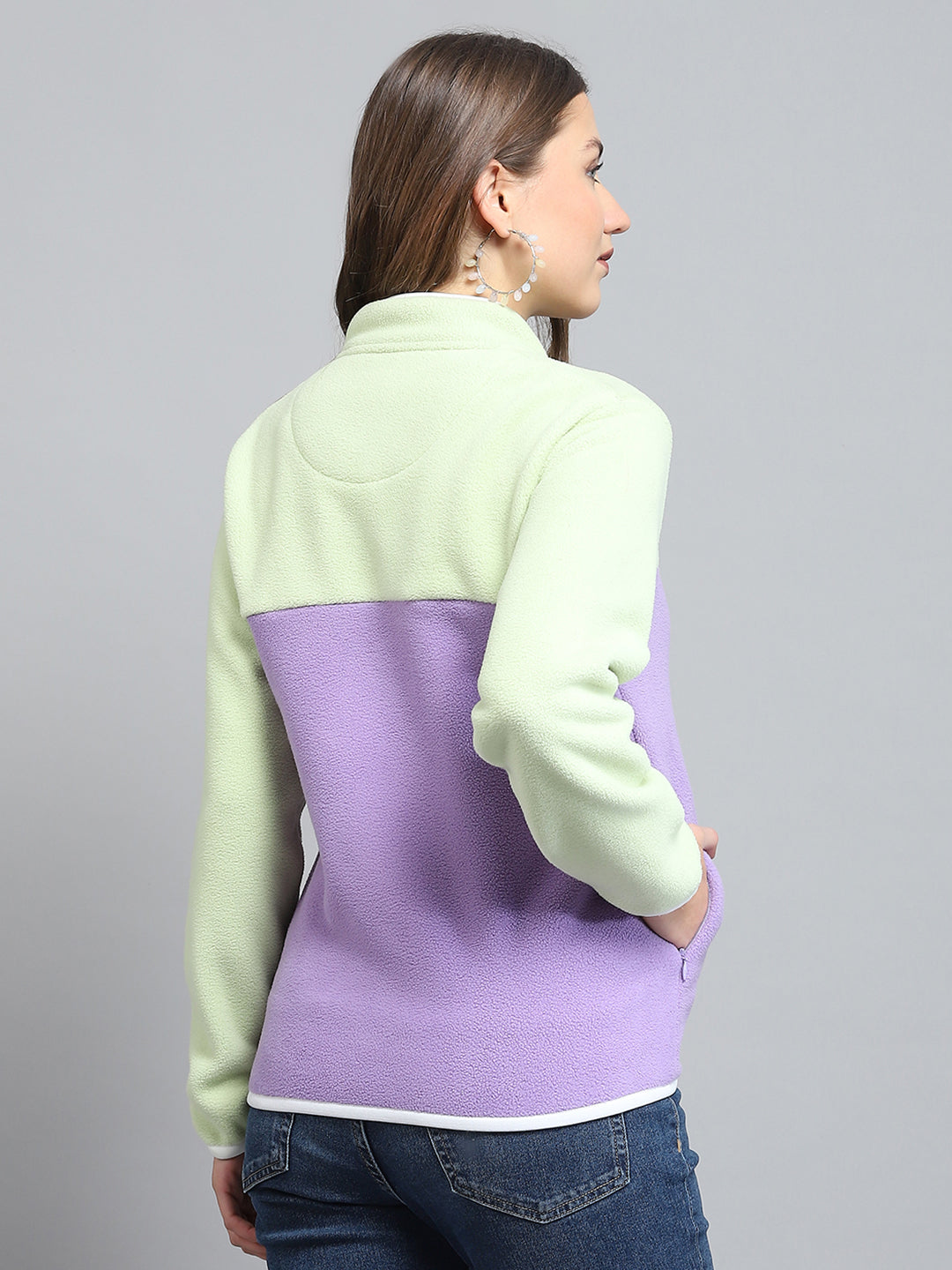 Rock.it Women Purple & Green Self Design Mock Neck Full Sleeve Sweatshirt