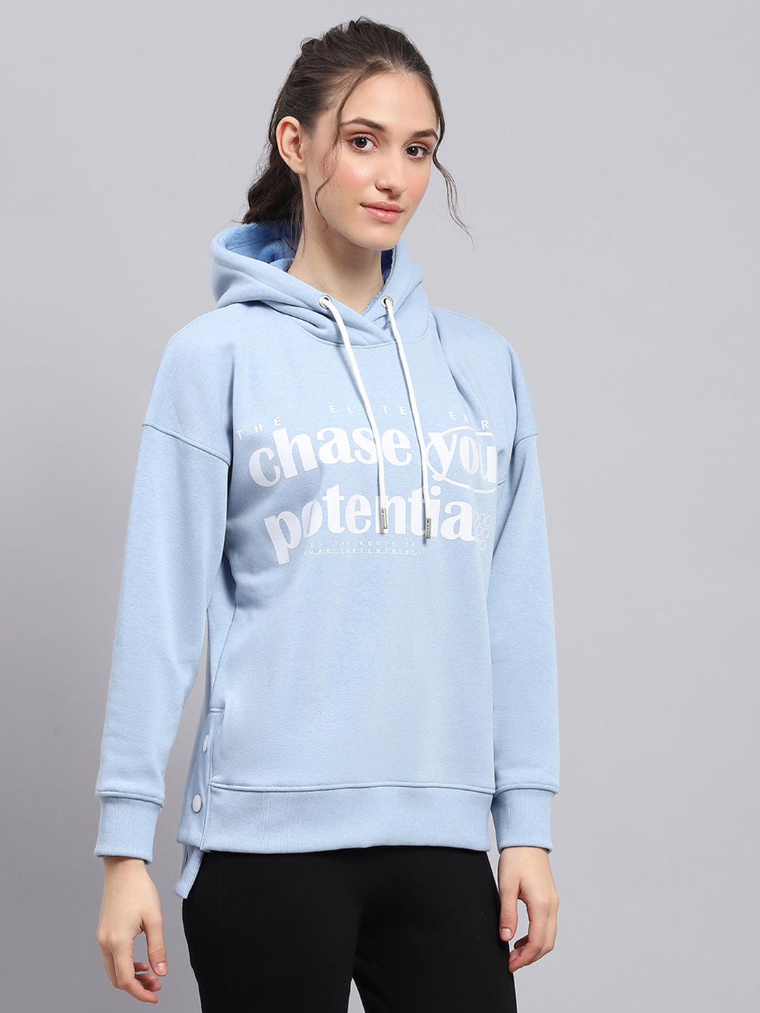 Rock.it Women Sky Blue Printed Hooded Full Sleeve Sweatshirt