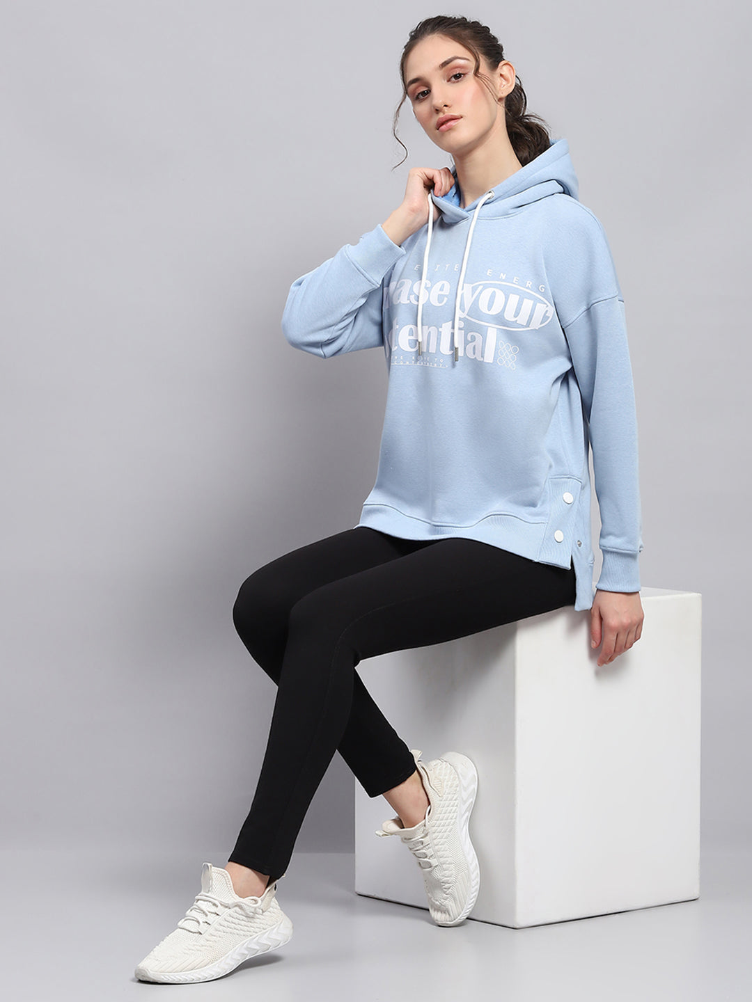 Rock.it Women Sky Blue Printed Hooded Full Sleeve Sweatshirt