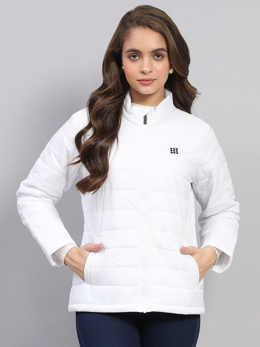 Rock.it Women White Solid Mock Neck Full Sleeve Jacket