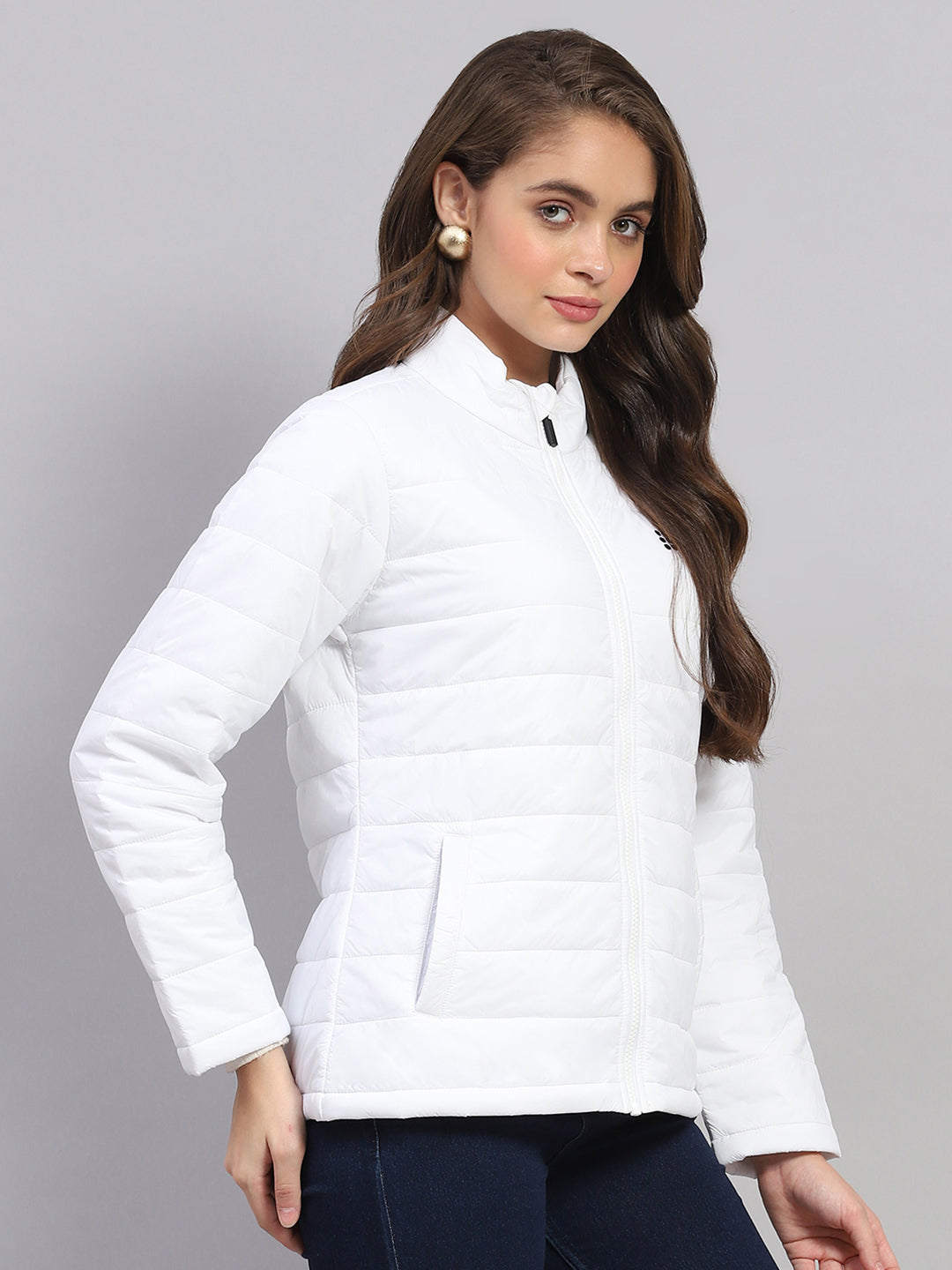 Rock.it Women White Solid Mock Neck Full Sleeve Jacket