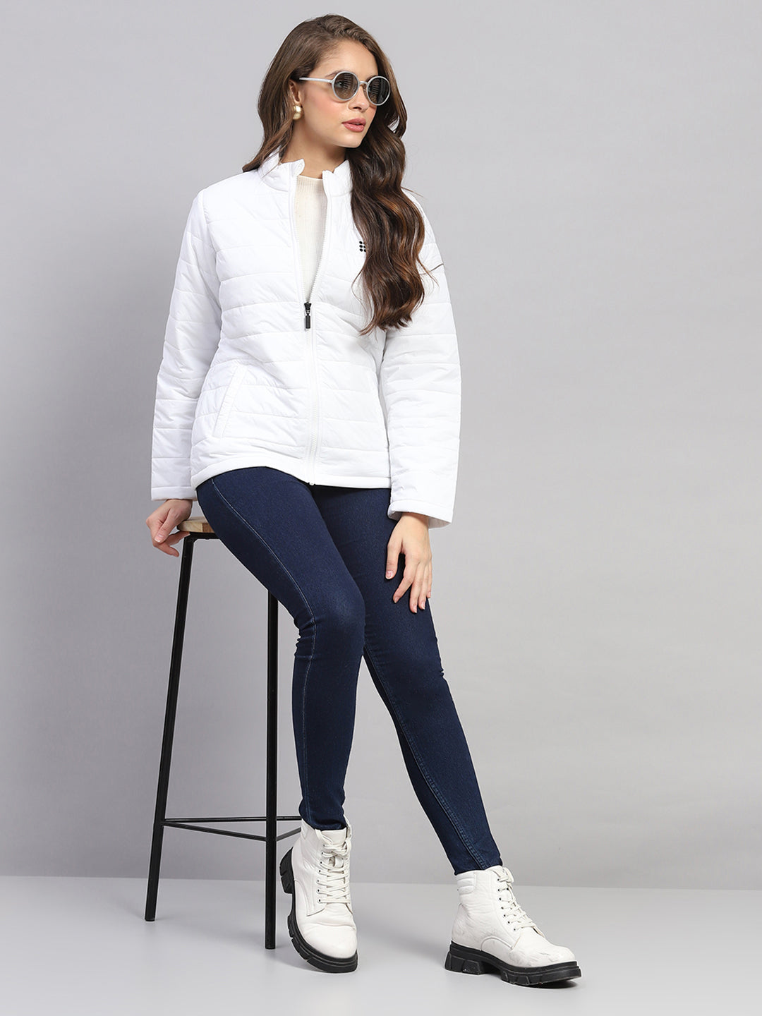 Rock.it Women White Solid Mock Neck Full Sleeve Jacket
