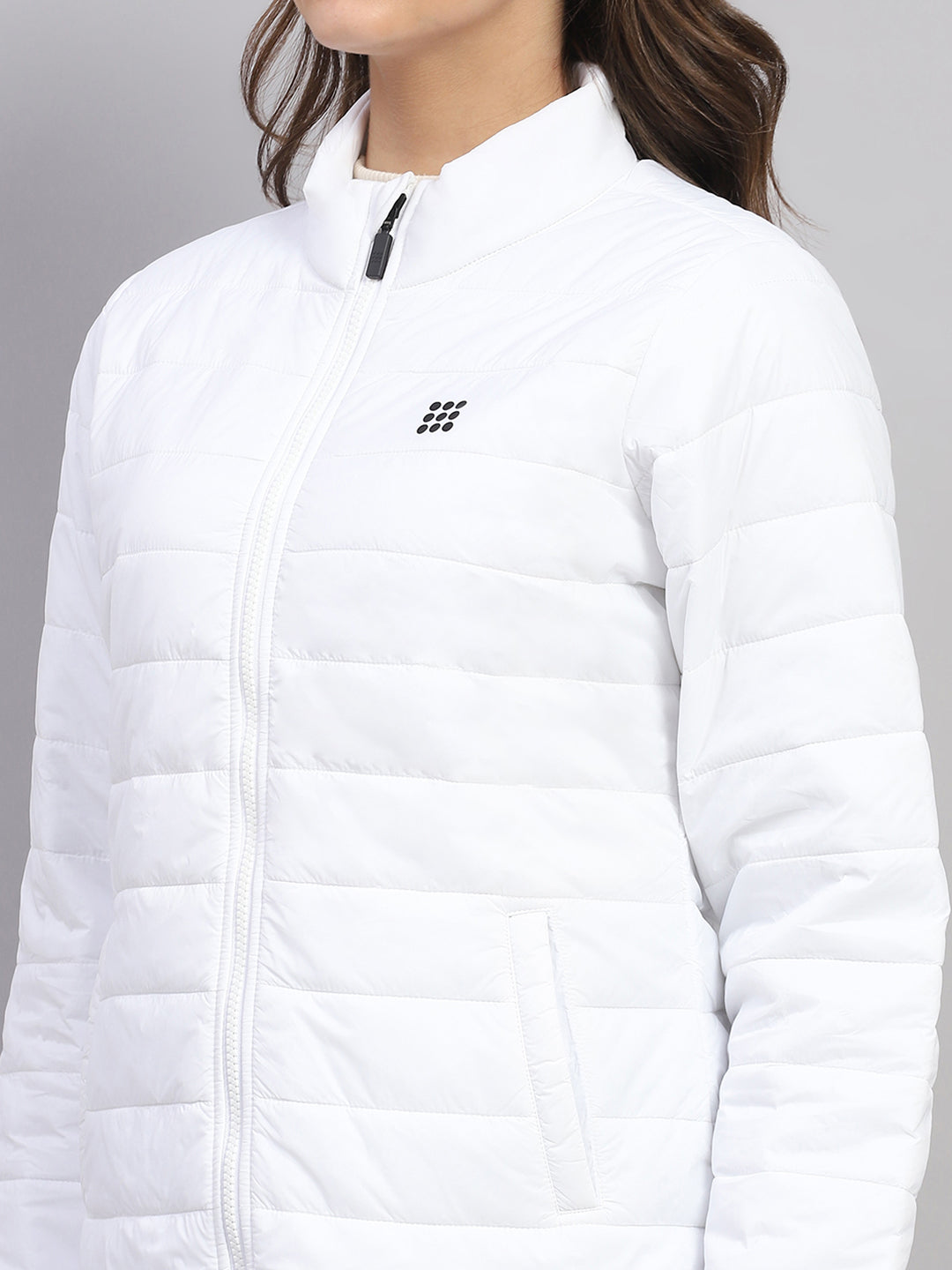 Rock.it Women White Solid Mock Neck Full Sleeve Jacket