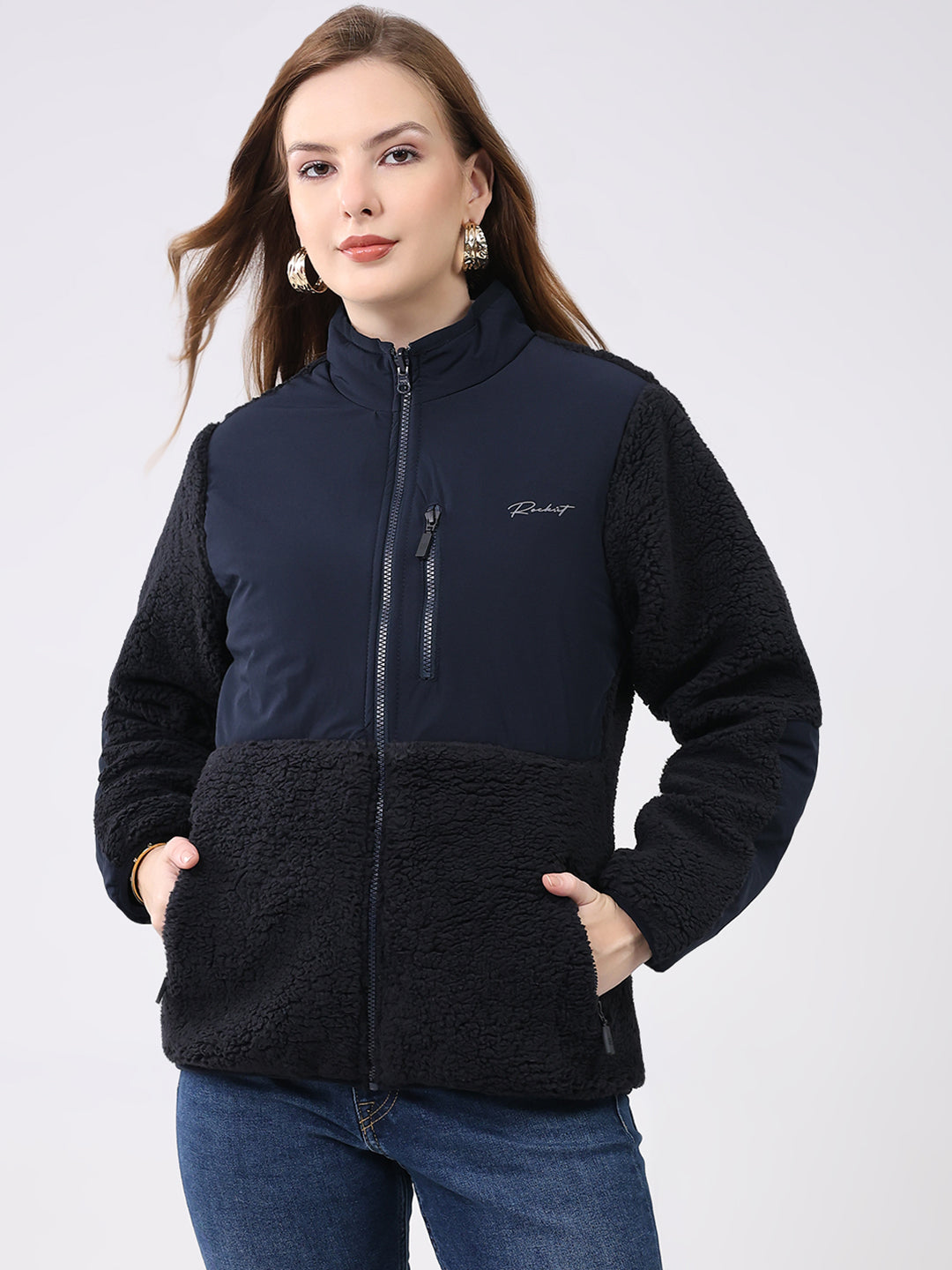 Rock.it Women Navy Blue Solid Mock Neck Full Sleeve Reversible Jacket