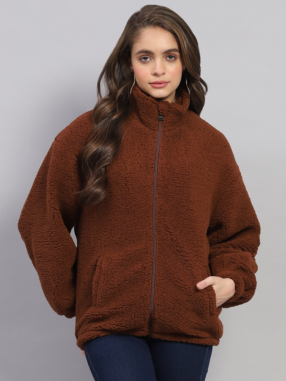 Rock.it Women Rust Solid Mock Neck Full Sleeve Jacket