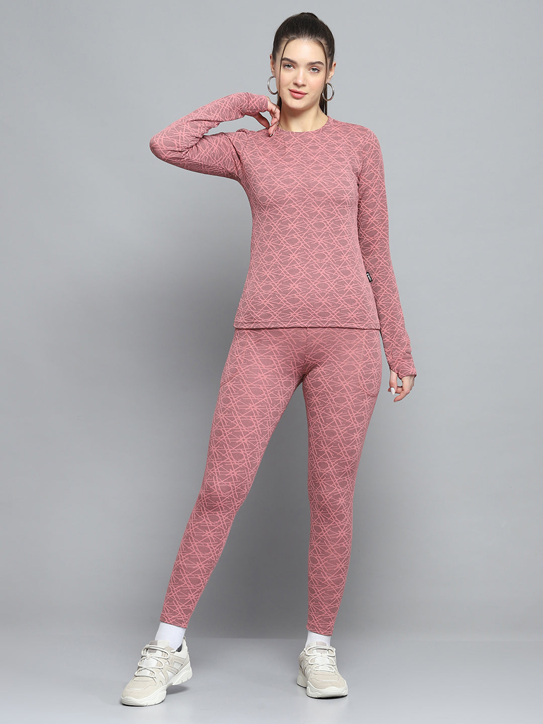 Rock.it Women Peach Self Design Round Neck Full Sleeve Tracksuit