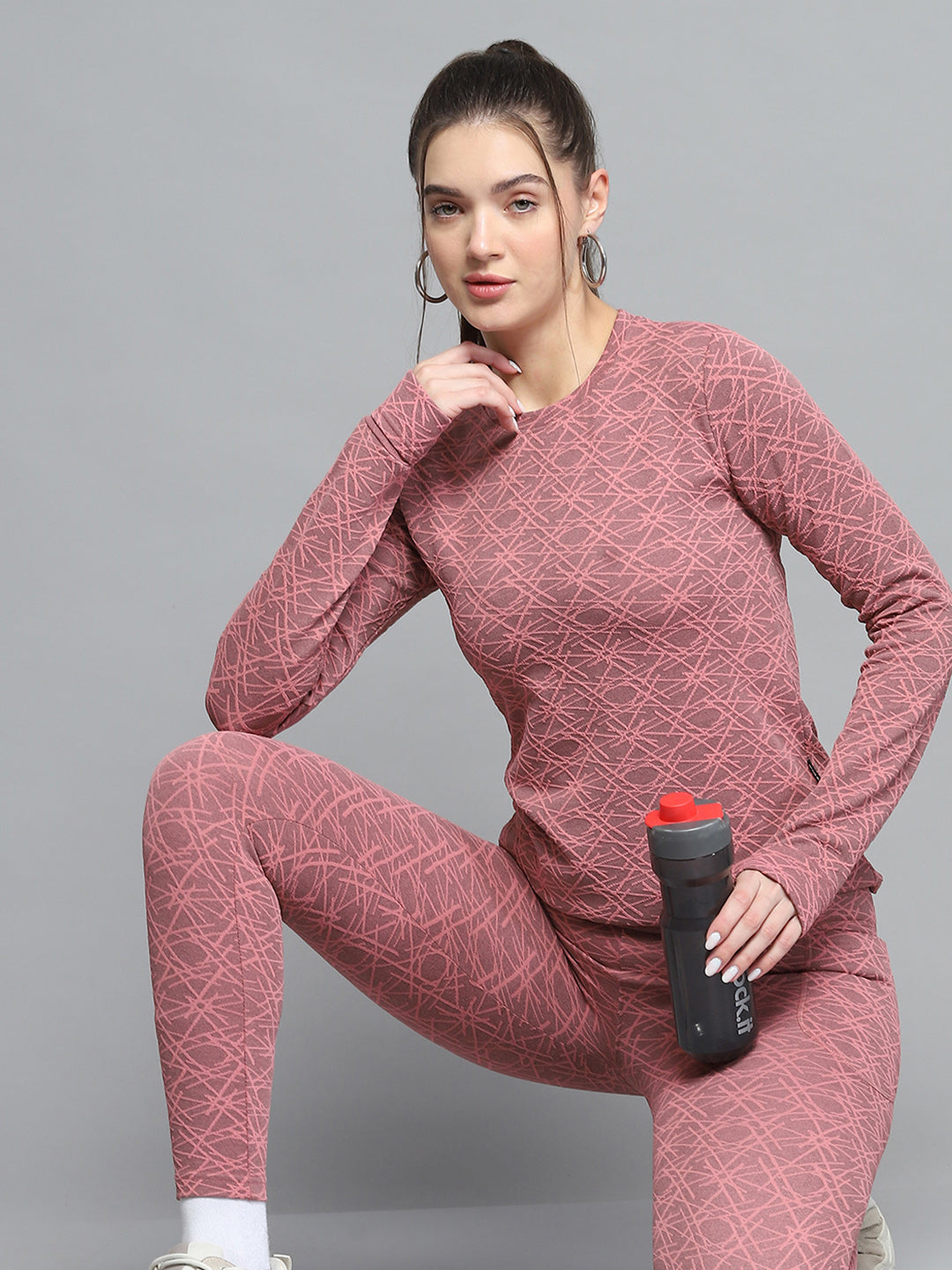 Rock.it Women Peach Self Design Round Neck Full Sleeve Tracksuit