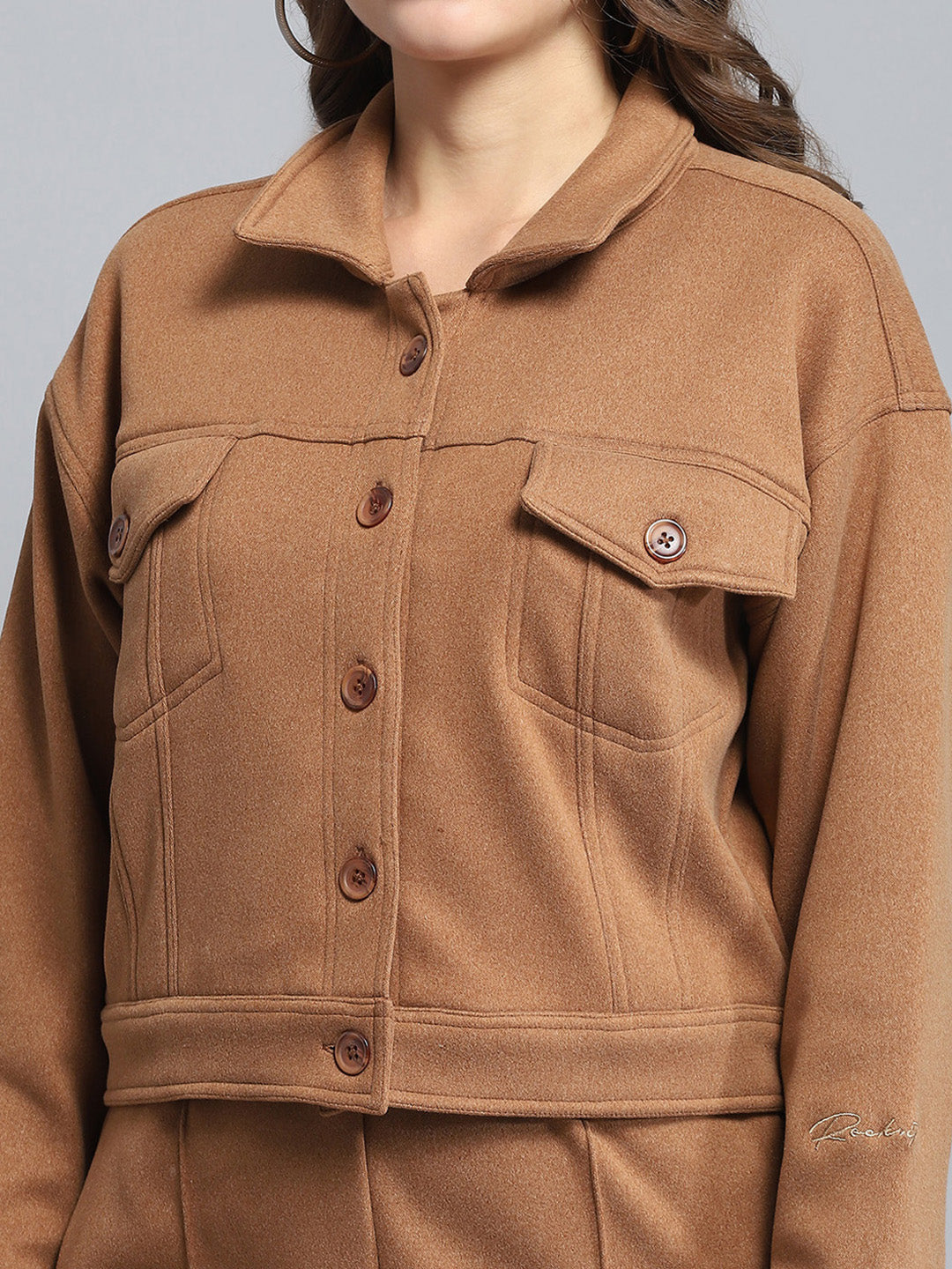 Rock.it Women Brown Solid Collar Full Sleeve Tracksuit