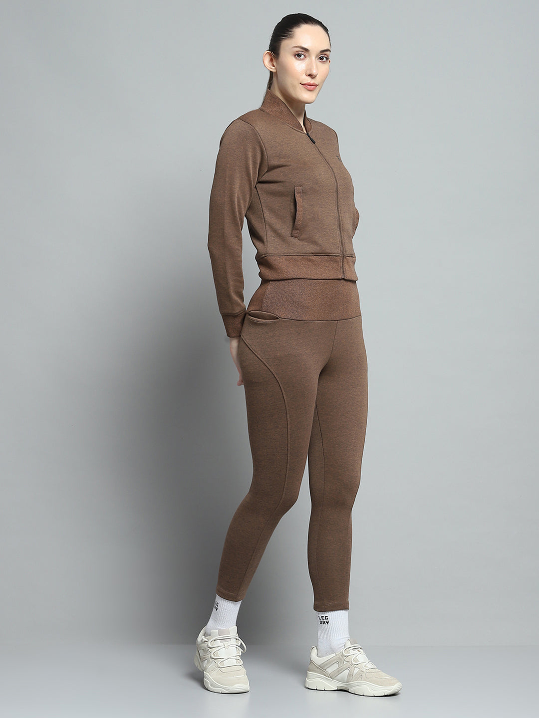 Rock.it Women Brown Solid Mock Neck Full Sleeve Tracksuit