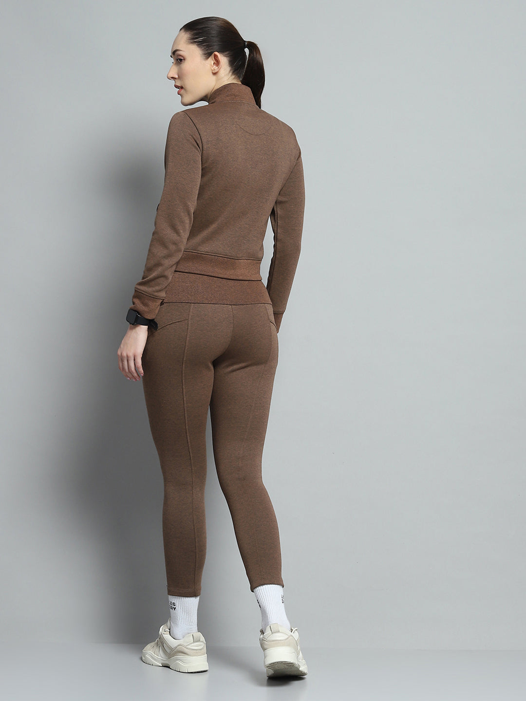 Rock.it Women Brown Solid Mock Neck Full Sleeve Tracksuit