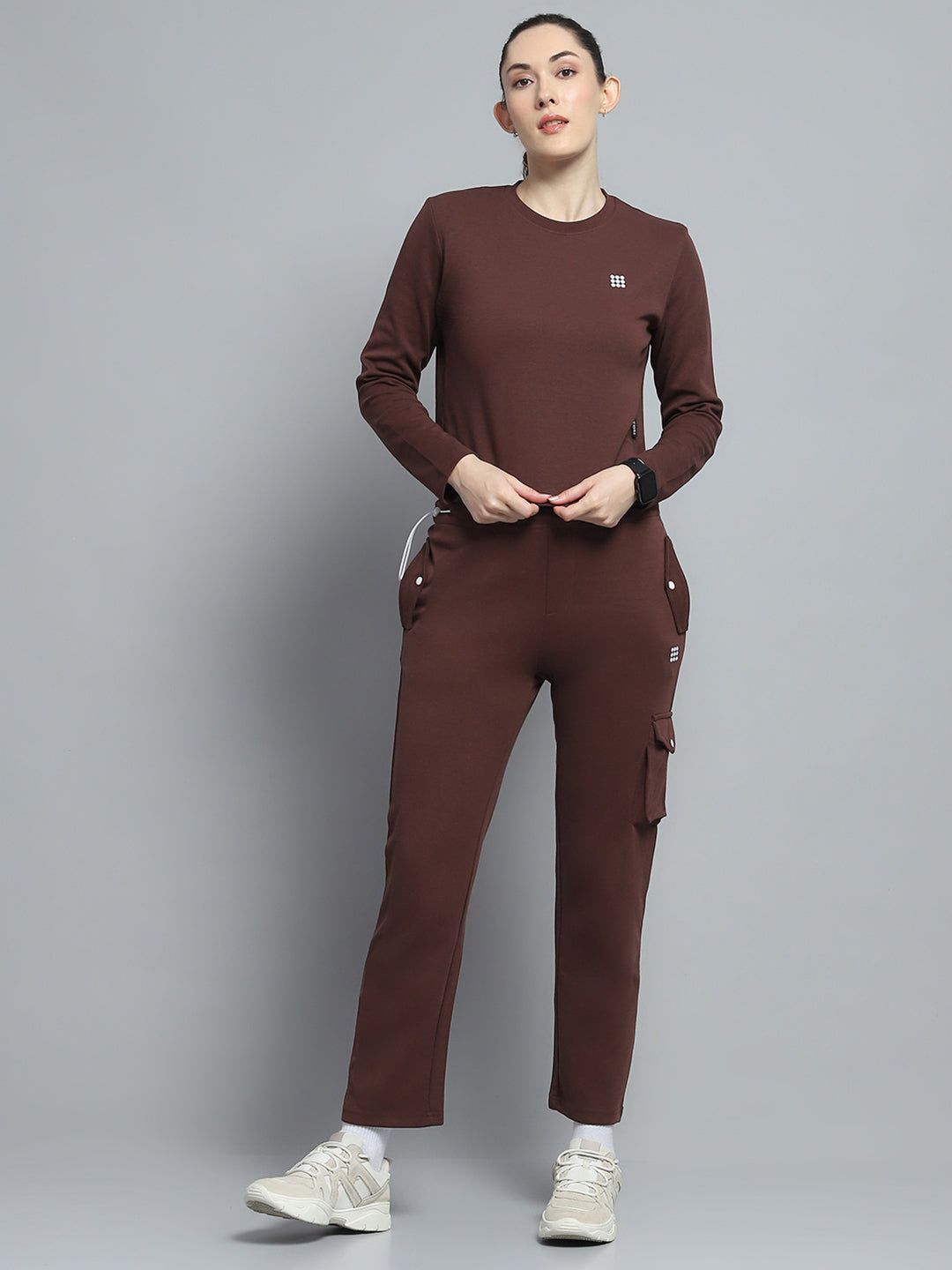 Rock.it Women Brown Solid Round Neck Full Sleeve Tracksuit