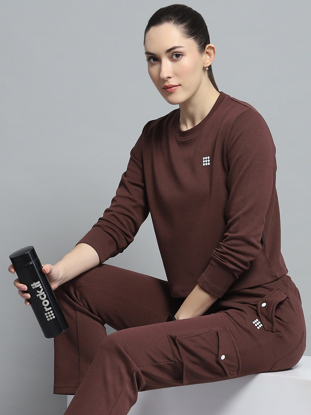 Rock.it Women Brown Solid Round Neck Full Sleeve Tracksuit