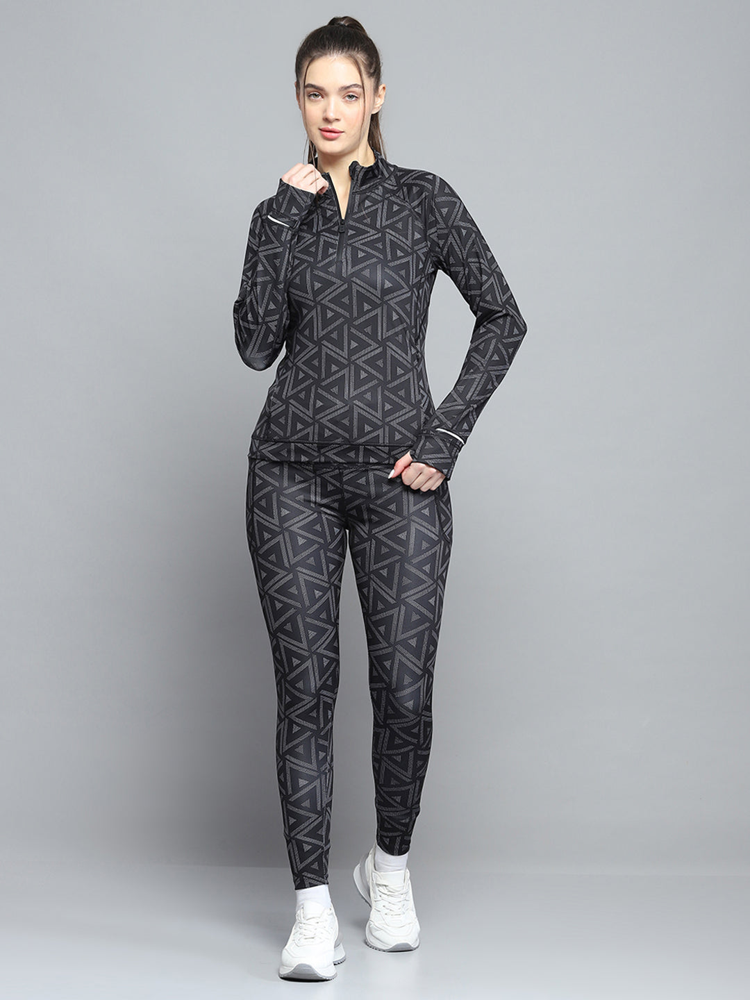 Rock.it Women Black Printed Mock Neck Full Sleeve Tracksuit