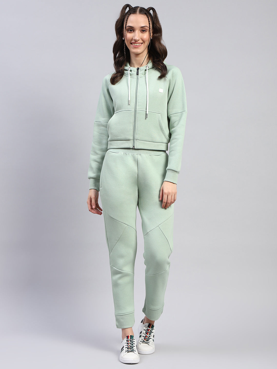 Rock.it Women Green Solid Hooded Full Sleeve Tracksuit
