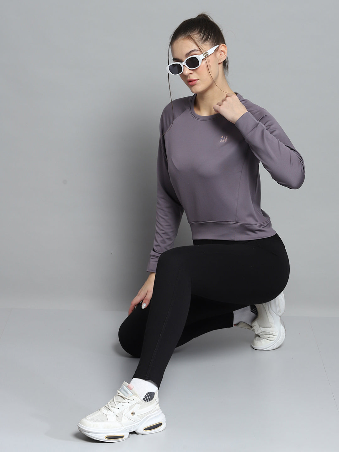 Rock.it Women Grey Solid Round Neck Full Sleeve Sweatshirt