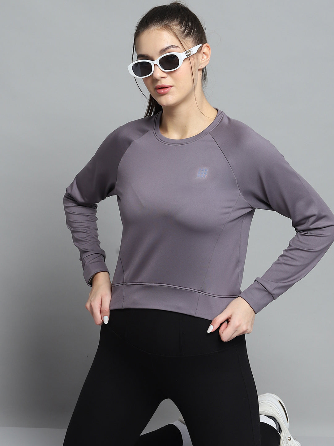 Rock.it Women Grey Solid Round Neck Full Sleeve Sweatshirt